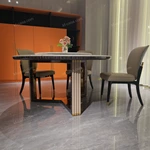 Mirror-Polished Steel Dining Table with White Marble Top and Woven Leather Accents